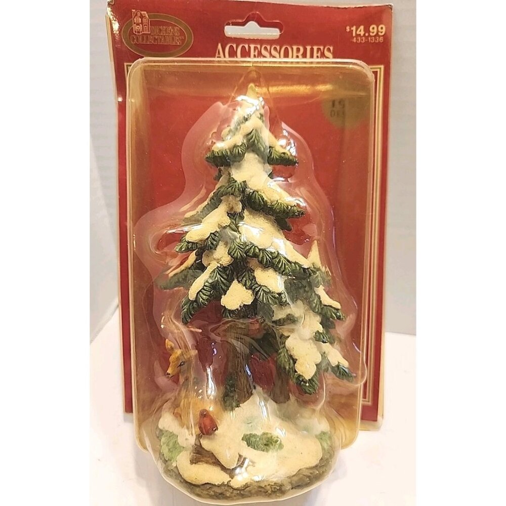 Vintage 1998 Dickens Collectables Santas Workbench Pine Trees, Deer Cardinal
